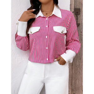 Camisa de Popelina de Alta Costura para Mujer, Formal, a Rayas, de Manga Larga, con Hombros Caídos, Cuello y Puños en Contraste, Botones Frontales y Bolsillo con Solapa en el Pecho - Product Image 1