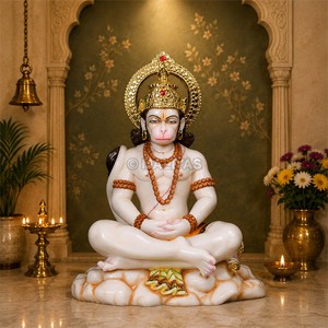 Meditation Hanuman Marble Statue Manufacturer in Jaipur | White Marble Meditating Hanuman Idol and Spiritual Lord Hanuman Murti - Product Image 1