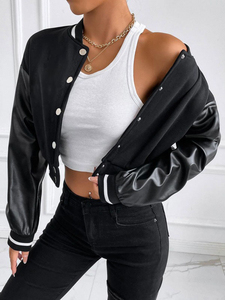 Black <b>Short</b> Knitted Cropped Varsity College Baseball Women's Wool Blend Cowhide Leather Sleeves Streetwear Fashion Outerwear OEM - Product Image 5