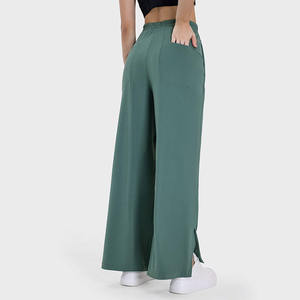 Pantalon large pour femme, couleur unie, tricoté en spandex et polyester, taille à cordon, coupe ample, décontracté, longueur complète, vert - Product Image 6