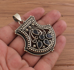 Vintage Black Onyx Bezel Setting Pendant Necklace 925 Sterling Silver Platinum Plated Oxidized Antique Style Gemstone <b>Charm</b> - Product Image 2