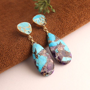 Wholesale mohave purple & blue copper turquoise <b>earrings</b> handmade gold plated <b>post</b> back <b>earring</b> dangle drop copper <b>earrings</b> - Product Image 2