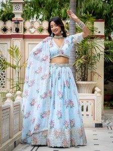 <b>Light</b> <b>Blue</b> Floral <b>Lehenga</b> Set with Embroidered Dupatta Traditional Indian Wedding Wear for Women - Product Image 2