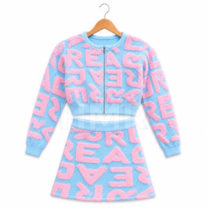 Ensemble deux pièces tricoté HMR Sisterhood Sorority bleu clair et rose avec imprimé lettres, haut zippé à col rond et mini-jupe - Product Image 5