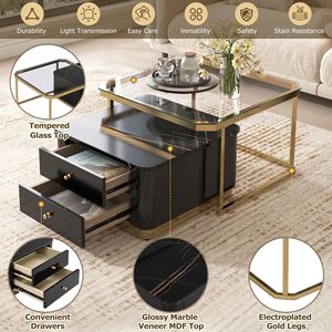 Modern 2-Piece <b>Nesting</b> Coffee <b>Table</b> Set with Drawers 27.6" Electroplated Gold Legs - Product Image 6