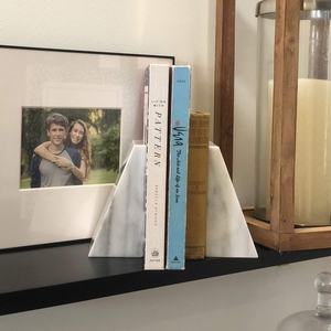 Triangular White Marble Bookends Set Of 2 Minimalist Stone <b>Book</b> <b>Ends</b> For Shelves Decorative Heavy Duty Traditional Design - Product Image 3