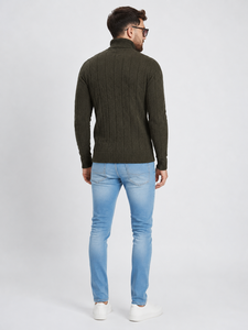 <b>Men</b> Soft Lightweight Cable Knit <b>Turtleneck</b> Sweater Pullover with Front Logo Long Sleeve Ribbed Knit for Fall Winter - Product Image 3