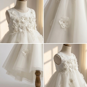Robe de Demoiselle d'Honneur Personnalisée Noble, Robe de Princesse en Tulle Ivoire Asymétrique avec Appliques Florales 3D en Dentelle pour Cérémonie de Mariage, Boutique Enfants - Product Image 4