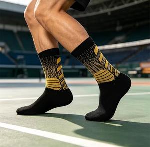 Chaussettes de sport pour hommes, motif uni, tricotées, respirantes, en Spandex/Nylon/Coton, été, noir, jaune, revers imprimé sérigraphié - Product Image 2