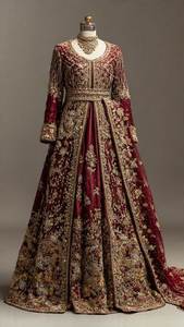 Maroon Long <b>Jacket</b> Embroidered Silk Lehenga <b>Dress</b> With Floral Pattern Traditional <b>Wedding</b> <b>Dress</b> <b>For</b> Women India Pakistan Style - Product Image 2