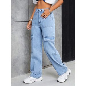 Pantalon cargo en denim ample à taille haute respirant pour femme, style rétro funky vintage bleu glace, multi-poches, taille 26-40 - Product Image 4