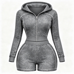 Conjunto Deportivo Personalizado OEM para Mujer, Chaqueta con Capucha y Pantalones Cortos, Diseño a Rayas de Terciopelo, Transpirable, Impermeable, con Forro y Cremallera, Logotipo Personalizado - Product Image 6