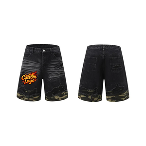 Shorts de Mezclilla para Hombre, Lavados, con Logotipo Bordado Personalizado, Desgastados, con Parches de Camuflaje, Shorts Casuales de Moda para Verano - Product Image 1