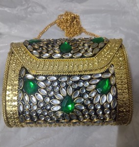 Fashion Women's Rectangle Brass Metal Evening Clutch Pearl Kundan Work Chain Strap Magnetic Closure-Bridal Party Festive - Product Image 2