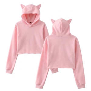 เสื้อฮู้ดครอปสีเทาสำหรับผู้หญิง แต่งหูน่ารัก ระบายอากาศได้ดี ซับในนุ่ม ผ้าฝ้าย ทรงสั้น สไตล์สตรีทแวร์ - Product Image 5