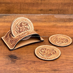 Sous-verre en cuir usiné à la main avec support, ensemble de 4 sous-verres en cuir véritable, table à café, tapis, tasse, fabricant - Product Image 2