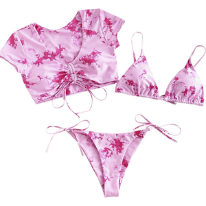 Ensemble de bikini rose pour femme, col halter, imprimé animal, bas de bikini à nouer sur les côtés, 100% polyester, haute élasticité, maillot de bain sans couture - Product Image 2