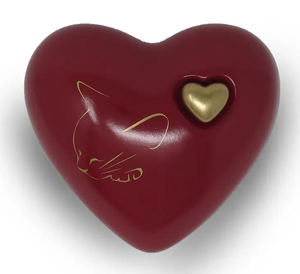 Urne commémorative pour cendres en forme de cœur miniature, motif chat doré sur fond marron, en laiton/aluminium pour cendres funéraires - Product Image 1