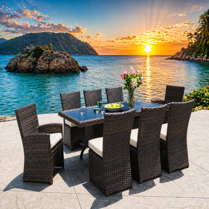 Ensemble de mobilier de salle à manger élégant pour patio, 8 places, avec chaises rembourrées et table en osier moderne, idéal pour les réceptions en plein air. - Product Image 1