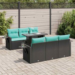 Set Divano da Esterno 7 Pezzi in Polyrattan Nero con Cuscini, Elegante Arredamento da Giardino in Acacia - Product Image 1
