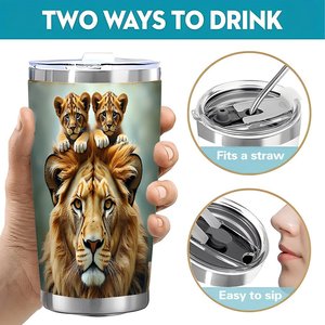20oz Stainless Steel Tumbler Vacuum Insulated <b>Double</b> <b>Wall</b> No Condensation Travel <b>Mug</b> With Lion Design - Product Image 5