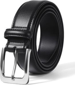 Cinturón Casual de Cuero Genuino Negro, Hebilla de Color Sólido, Rectangular Plateada, Duradero, 3.5 cm de Ancho, 110 cm de Largo, Estampado - Product Image 1