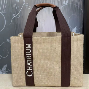 CHATRIUM Burlap Shopping Tote Bag Medium Size Hand Length Handle Letter Pattern Eco Friendly Grocery Carrier - Product Image 2