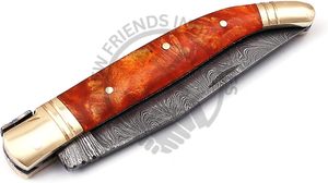 Nouveau couteau pliant Laguiole Damas, couteau de chasse d'extérieur, meilleur couteau de poche forgé et tranchant, beige, avec poignée en résine et pommel en laiton. - Product Image 6