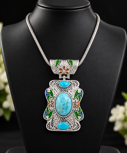 Collier pendentif ovale en turquoise de style ethnique fait main de qualité AAA en argent avec chaîne serpent pour femmes/unisexe/hommes - Product Image 3