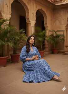 Vestido Midi Azul con Estampado Floral, Cuello en V, de Algodón, Estilo Boho, Ecológico, Cintura Natural, Étnico Indio, Festivo - Product Image 4