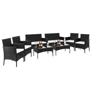 Set Divano da Giardino in Rattan Nero con 2 Poltrone e 1 Divanetto, Tavolino da Caffè in Vetro Temperato - Product Image 4