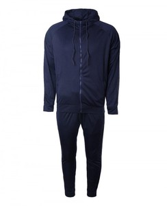 Men's Navy Blue Hooded <b>Tracksuit</b> Set Full Zipper Long Sleeve Solid Color Casual Sportswear Breathable Polyester Material - Product Image 1