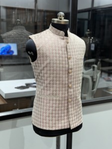 Gilet pour homme style chinois à col mandarin, motif géométrique, en polyester, coupe droite, simple boutonnage, pour l'automne - Product Image 2
