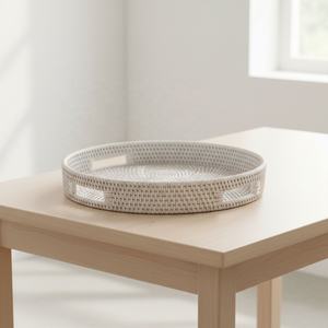 White <b>Wash</b> <b>Rattan</b> Round Serving Tray With Handles, Premium Export Quality OEM and ODM Available Viettimecraft - Product Image 6