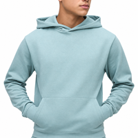 Sweater Hoodie Pria Biru Muda Bahan Fleece Warna Solid Regular Fit Desain Saku Pakaian Kasual Gaya Musim Gugur 100% Katun Rajut