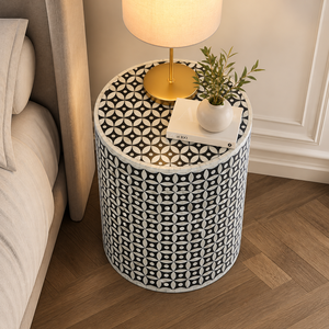 Bone Inlay Side <b>Table</b> Round End <b>Table</b> Modern Farmhouse <b>Bedside</b> Cabinet Decorative Living Room Furniture - Product Image 3