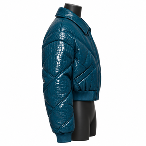 Blouson Bomber en Cristal Gaufré Bleu Écologique, Col Rabattu, Fermeture Éclair Avant, Manteau d'Hiver Classique Unisexe Style Moto - Product Image 6