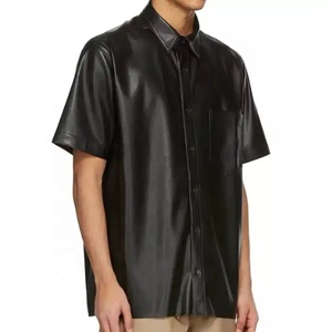Men's Vintage Style Real Sheep Leather <b>Shirt</b> with Horn <b>Buttons</b> Stand Collar <b>Half</b> Sleeve Winter Vacation Custom Logo OEM Service - Product Image 4