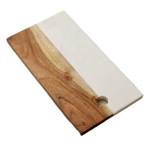 Tabla de cortar hecha a mano de mármol blanco y madera de acacia, elegante bandeja de servir de doble material con asa interior. - Product Image 1