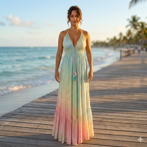 Vestido Casual Largo hasta el Suelo para Mujer, con Estampado Floral/Geométrico, Estilo Boho, Cuello en V, Cintura Natural y Borlas, Tejido de Seda Excelente - Product Image 3