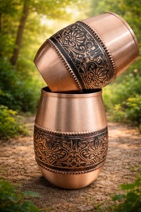 Ensemble de bouteille et 2 gobelets en cuivre pur à 100 %, faits à la main, écologiques, ayurvédiques traditionnels, pour une consommation d'eau saine et durable - Product Image 6