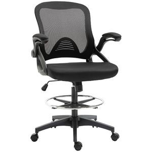 Sedia da Ufficio Alta per Disegno Tecnico con Supporto Lombare, Braccioli Ribaltabili, Poggiapiedi Regolabile, Seduta Nera, Altezza Regolabile - Product Image 1