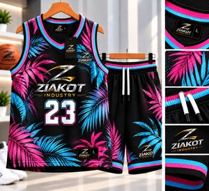Wholesale Direct ZIAKOT INDUSTRY Custom Black Pink-<b>Light</b> Blue 3D PatternTropical Hawaii Palm <b>Leaves</b> Authentic Basketball Jersey - Product Image 1