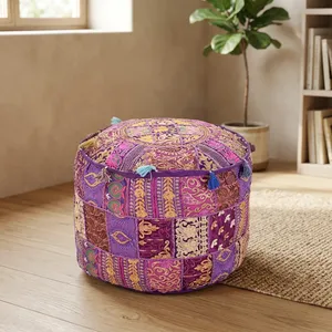 SILKGRAM <b>Vintage</b> Patchwork Embroidery Ottoman Pouf Cover Removable Zipper Closure 100% Cotton Round Footstool <b>Stool</b> for Home Use - Product Image 2