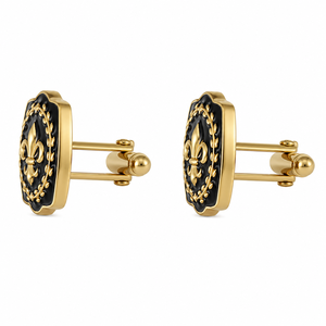 Handmade Fleur De Lis <b>Black</b> Enamel Gold Plated Brass Cufflinks with Crest Design for <b>Men</b>-Formal Wedding Birthday Gift - Product Image 1