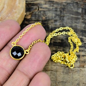 Natural <b>Black</b> Onyx Round Shape Charm Gemstone <b>Chain</b> Necklace 18k Gold Micron Over 925 Sterling Silver - Product Image 1