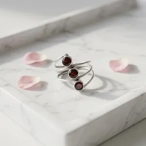 925 Sterling Silver Red Garnet Triple Stone <b>Statement</b> <b>Ring</b> Modern Minimalist Designer Gemstone Jewelry <b>for</b> <b>Women</b> - Product Image 2