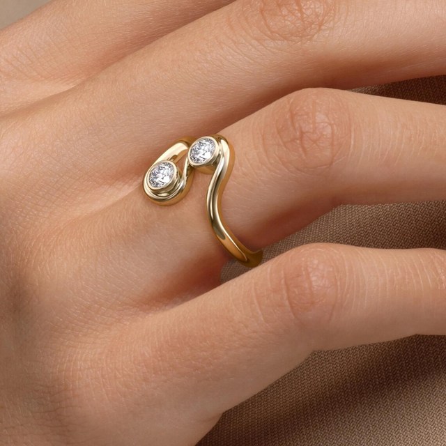 Fashion Ring 925 Sterling Silver 0.5ct Bezel-Set Two Stone Bypass Swirl Ring Lab Created Diamond in 14K Yellow Gold Modern Ring