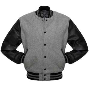 Veste grise de baseball avec manches en cuir, veste en chenille brodée style collage - Product Image 1
