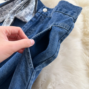 Jupe en jean de luxe de haute qualité pour femme, fermeture éclair, mi-mollet, taille normale, coupe trapèze, avec nœud décoratif, couleur unie, collection printemps - Product Image 4